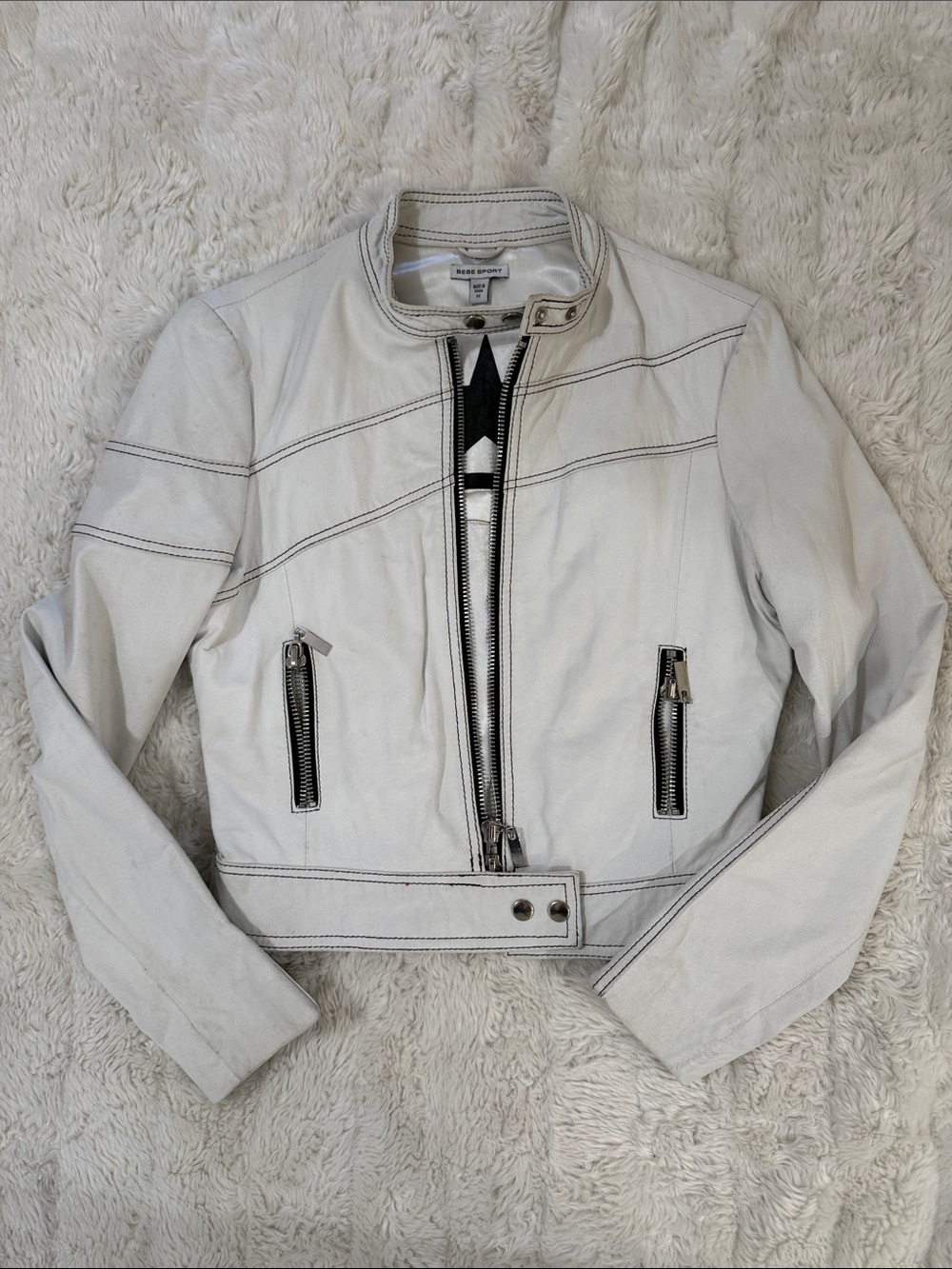 bebe Off-White Leather Moto Jacket with Contrast Zippers